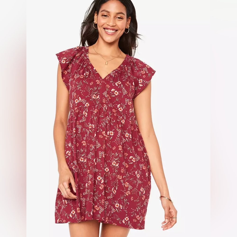 🌸Old Navy Plus Size Floral Burgundy Flutter Sleeve Mini Dress